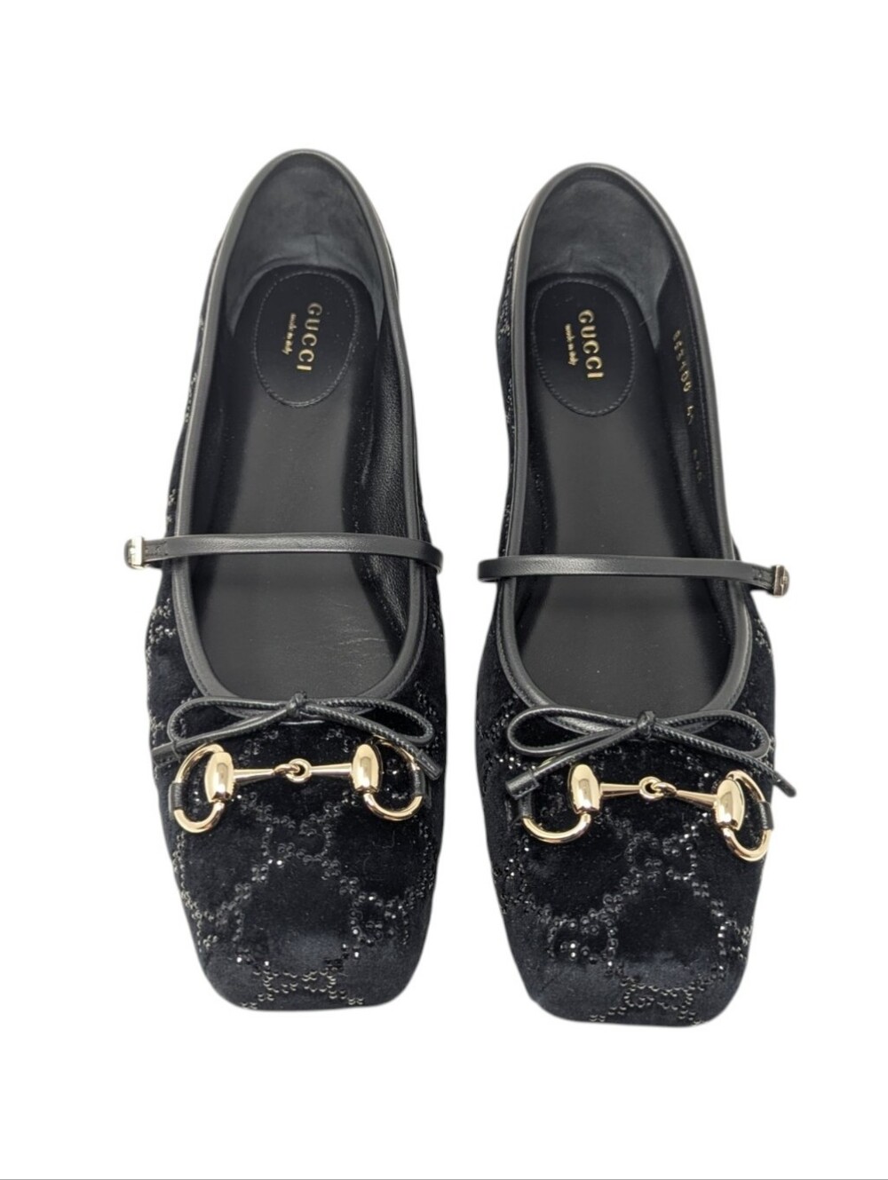 Gucci Black Velvet Crystal Monogram Mary Jane Ballerina Ballet Flat Size EU 41